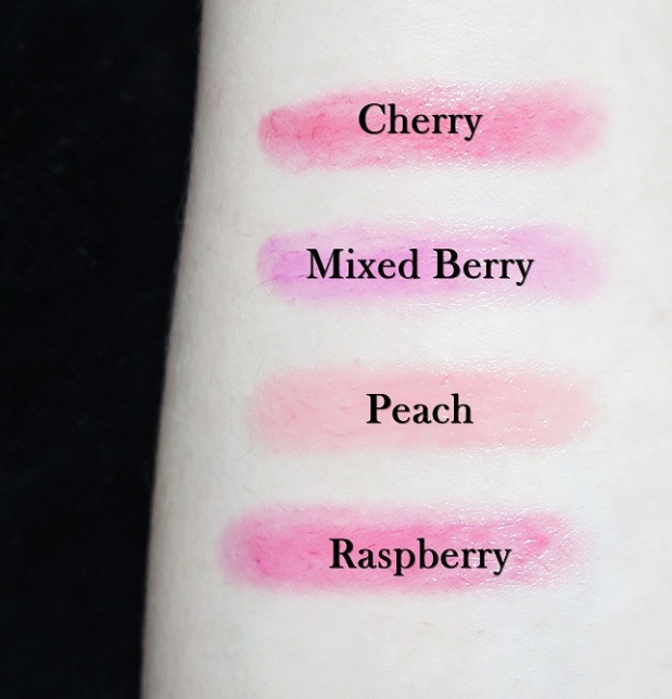 maybelline new york baby lips candy wow Raspberry Tangy, Mixed Berry Bubblegum, Cherry Jellybean and Peach Lollipop swatches review 1